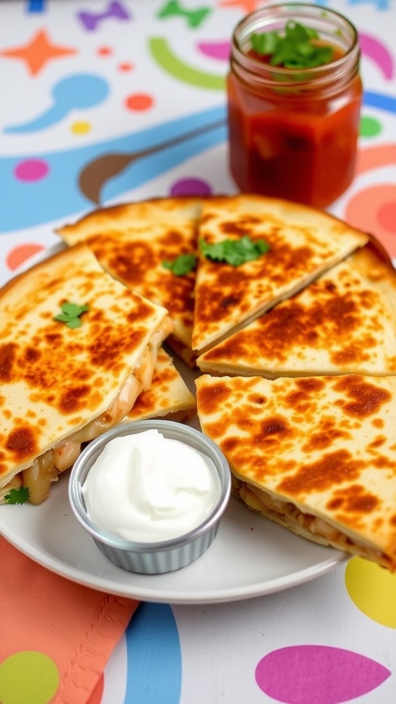 Cheesy Chicken Quesadillas for Kids Cheesy chicken quesadillas cut into wedges, served with sour cream and salsa.